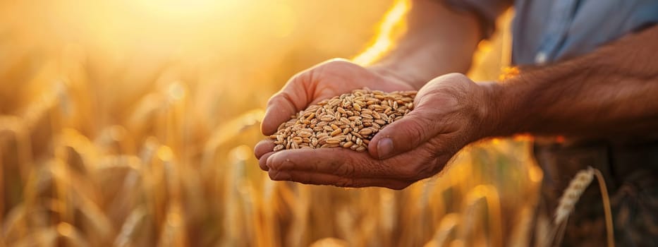 farmer holds grains of wheat in his hands against the background of a field, food, Generative AI,