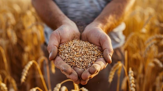 farmer holds grains of wheat in his hands against the background of a field, food, Generative AI,