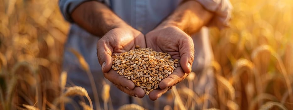 farmer holds grains of wheat in his hands against the background of a field, food, Generative AI,