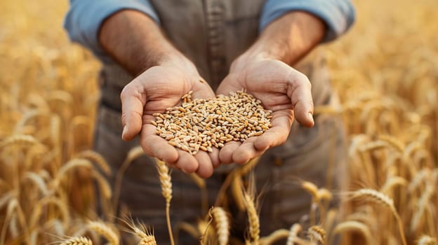 farmer holds grains of wheat in his hands against the background of a field, food, Generative AI,