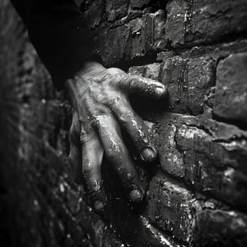 Fingers brushing against a brick wall, symbolizing texture, stability, and urban life.