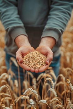 farmer holds grains of wheat in his hands against the background of a field, food, Generative AI,