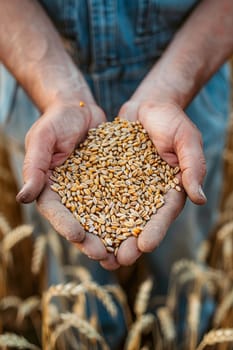 farmer holds grains of wheat in his hands against the background of a field, food, Generative AI,