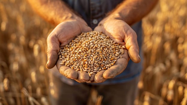 farmer holds grains of wheat in his hands against the background of a field, food, Generative AI,