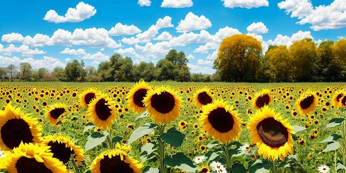 Captivating summer backdrop with a mix of sunflowers and daisies set against a clear blue sky. Panorama