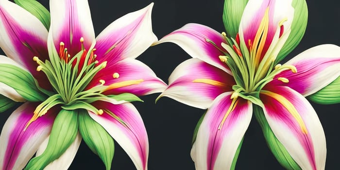 Beauty of symmetry by arranging an assortment of vibrant lilies in a geometric pattern. Panorama