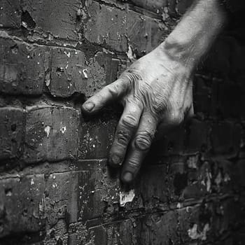 Fingers brushing against a brick wall, symbolizing texture, stability, and urban life.