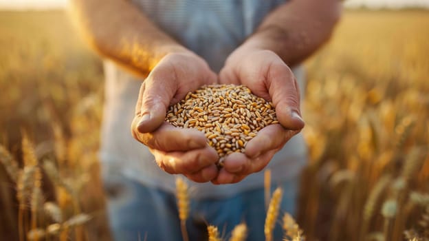 farmer holds grains of wheat in his hands against the background of a field, food, Generative AI,