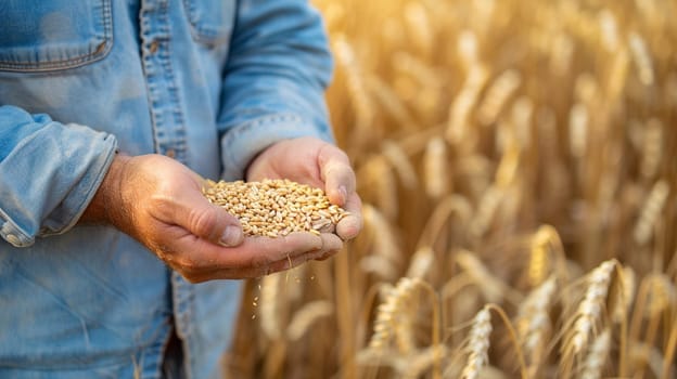 farmer holds grains of wheat in his hands against the background of a field, food, Generative AI,