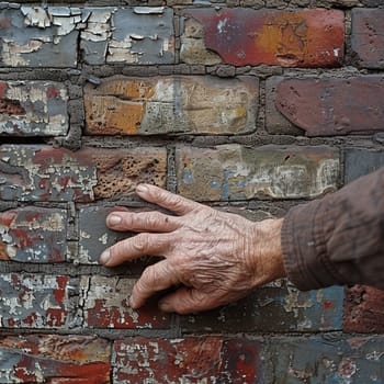 Fingers brushing against a brick wall, symbolizing texture, stability, and urban life.