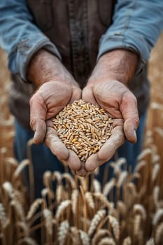 farmer holds grains of wheat in his hands against the background of a field, food, Generative AI,