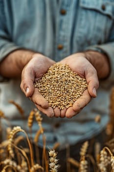 farmer holds grains of wheat in his hands against the background of a field, food, Generative AI,