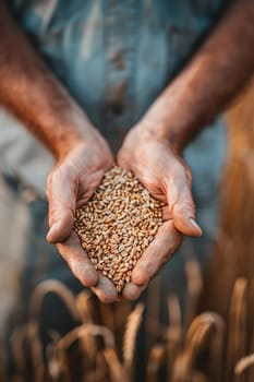 farmer holds grains of wheat in his hands against the background of a field, food, Generative AI,