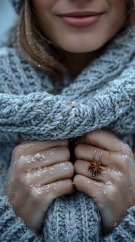 Fingers clutching a warm woolen scarf, symbolizing comfort, warmth, and winter.