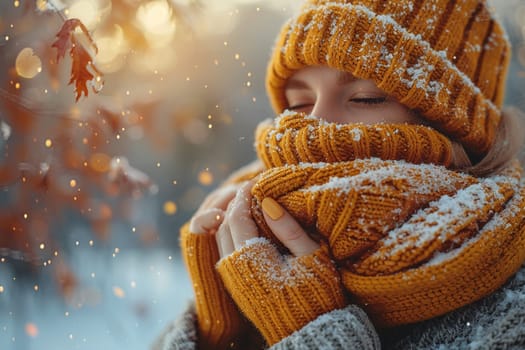 Fingers clutching a warm woolen scarf, symbolizing comfort, warmth, and winter.