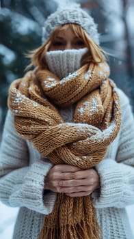 Fingers clutching a warm woolen scarf, symbolizing comfort, warmth, and winter.