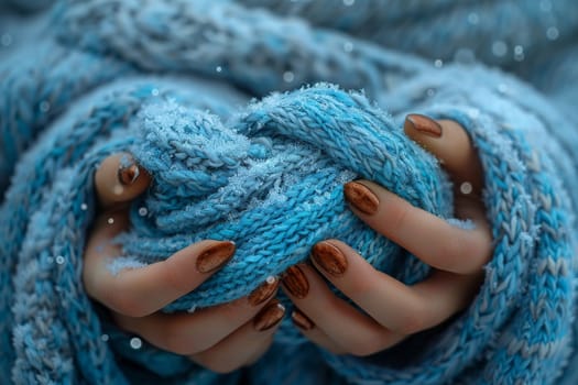 Fingers clutching a warm woolen scarf, symbolizing comfort, warmth, and winter.