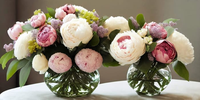 Sophisticated floral arrangement using a mix of different blooms such as peonies, hydrangeas, and ranunculus. Panorama