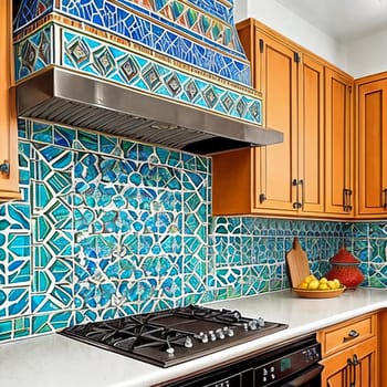 Intricate patterns of a Moroccan-inspired mosaic tile backsplash in a kitchen. Vibrant colors and geometric designs that infuse the space with exotic charm
