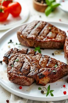 Grilled sliced Beef Steak with tomatoes and rosemary on a plate Isolated on white background top view, food, Generative AI,
