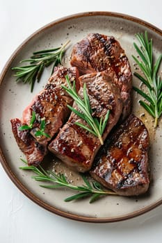 Grilled sliced Beef Steak with tomatoes and rosemary on a plate Isolated on white background top view, food, Generative AI,