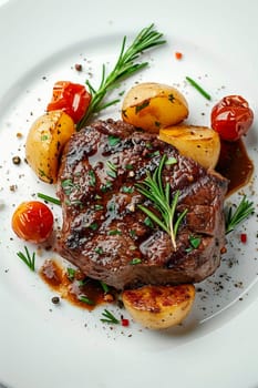 Grilled sliced Beef Steak with tomatoes and rosemary on a plate Isolated on white background top view, food, Generative AI,