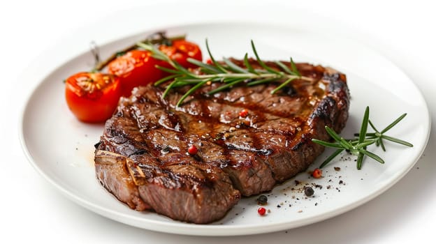 Grilled sliced Beef Steak with tomatoes and rosemary on a plate Isolated on white background top view, food, Generative AI,