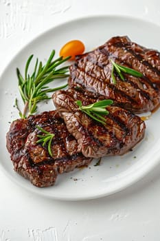 Grilled sliced Beef Steak with tomatoes and rosemary on a plate Isolated on white background top view, food, Generative AI,