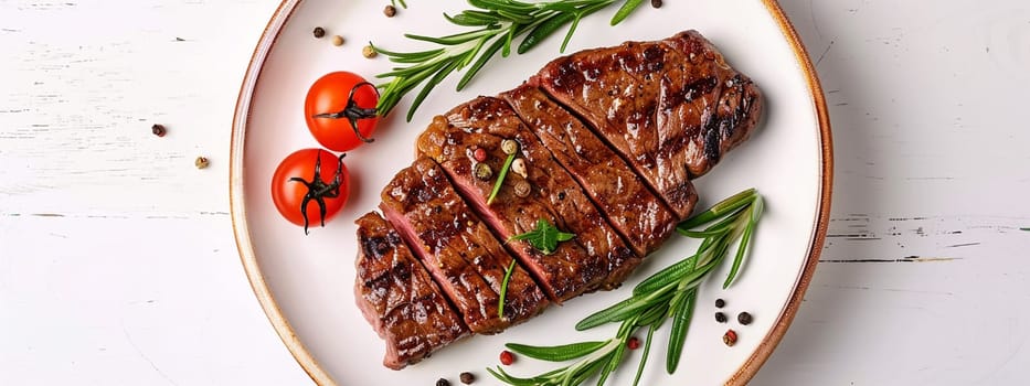Grilled sliced Beef Steak with tomatoes and rosemary on a plate Isolated on white background top view, food, Generative AI,