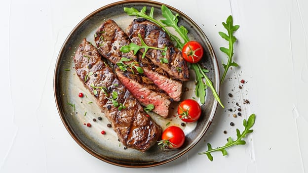 Grilled sliced Beef Steak with tomatoes and rosemary on a plate Isolated on white background top view, food, Generative AI,