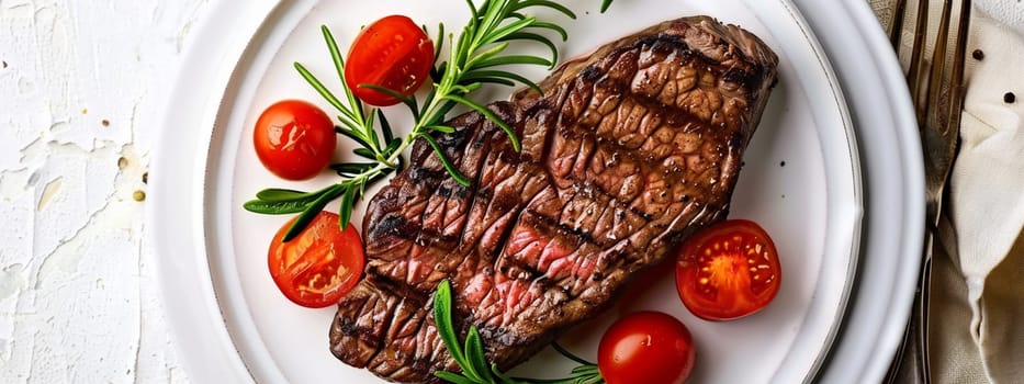 Grilled sliced Beef Steak with tomatoes and rosemary on a plate Isolated on white background top view, food, Generative AI,