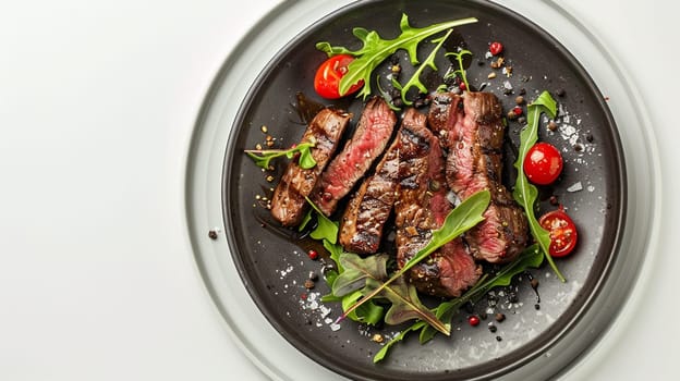 Grilled sliced Beef Steak with tomatoes and rosemary on a plate Isolated on white background top view, food, Generative AI,