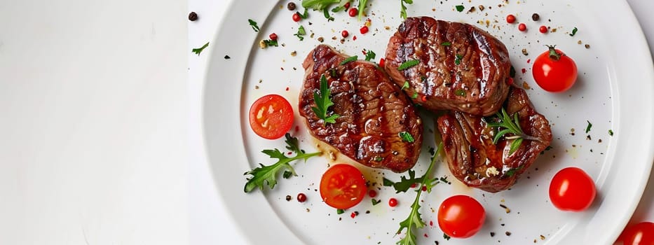 Grilled sliced Beef Steak with tomatoes and rosemary on a plate Isolated on white background top view, food, Generative AI,
