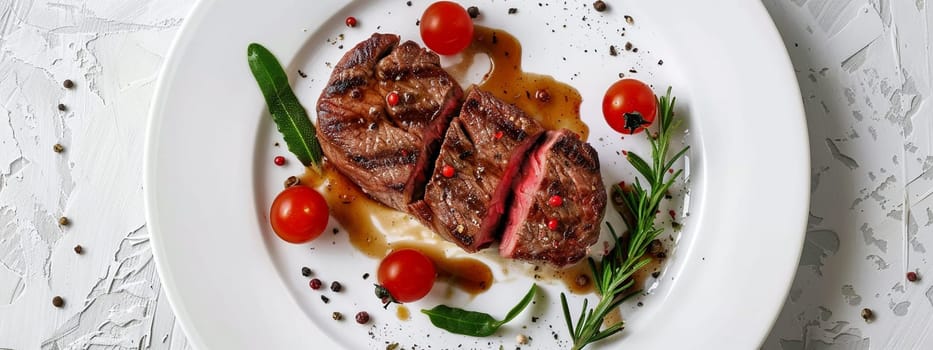 Grilled sliced Beef Steak with tomatoes and rosemary on a plate Isolated on white background top view, food, Generative AI,