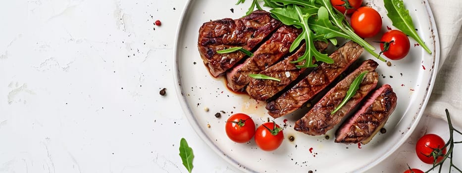 Grilled sliced Beef Steak with tomatoes and rosemary on a plate Isolated on white background top view, food, Generative AI,
