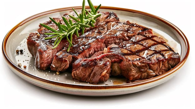 Grilled sliced Beef Steak with tomatoes and rosemary on a plate Isolated on white background top view, food, Generative AI,