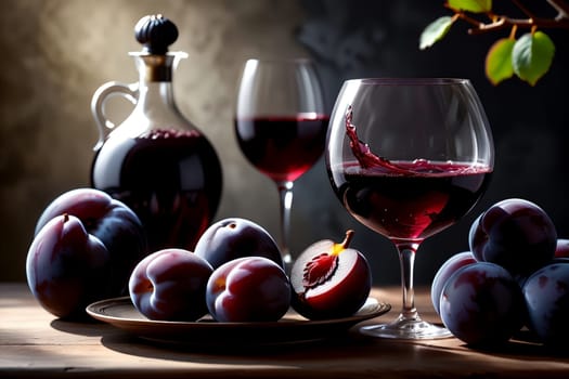plum red wine in a glass and decanter against the background of ripe plums on the table.