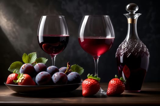 fruity red wine in a glass and decanter against the background of ripe large plums and strawberries on the table.