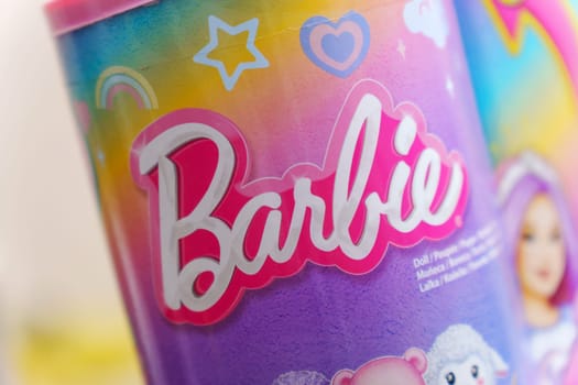 Tyumen, Russia-March 02, 2024: Barbie-themed product, featuring the iconic Barbie logo in pink script, cartoon images.