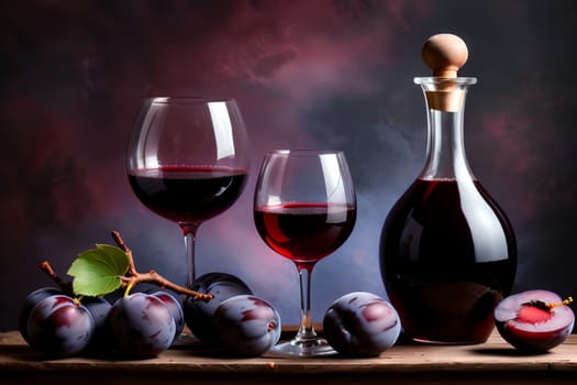 plum red wine in a glass and decanter against the background of ripe plums on the table.