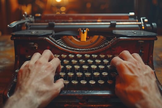 Fingers typing on an old typewriter, evoking the traditional art of writing.