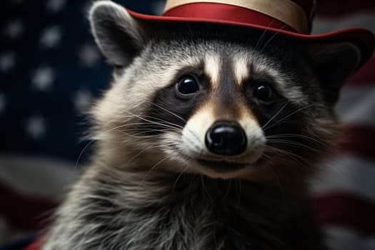 A raccoon stands wearing a top hat with an American flag draping in the background.