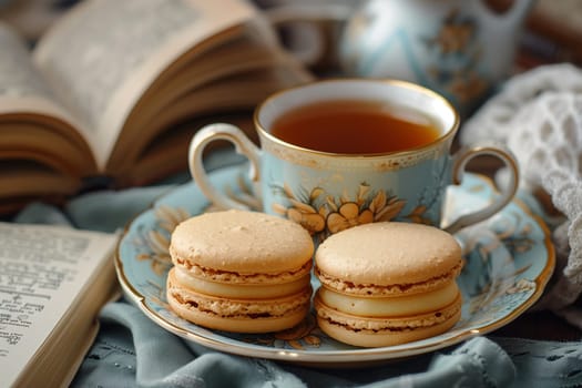 Black tea French macarons and books.