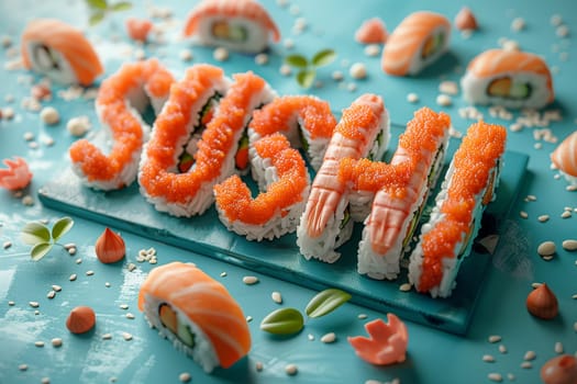 On a blue background there is an inscription - Sushi, made from sushi.