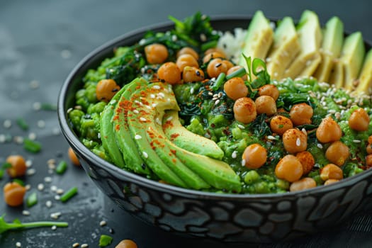 Bowl of green gazpacho with avocado and curcuma roasted chick peas. Close-up.