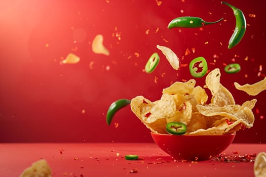 A bag of green chilli chips in an aerial advertisement on a red background. Close-up.