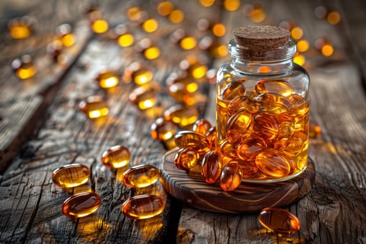 Fish oil capsules with omega 3 and vitamin D in a glass bottle on wooden texture. Close-up.