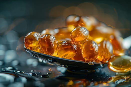 Fish oil capsules in a spoon. Close-up.