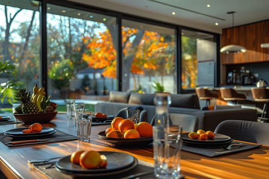 Various colorful fruits arranged neatly on plates atop a wooden table.