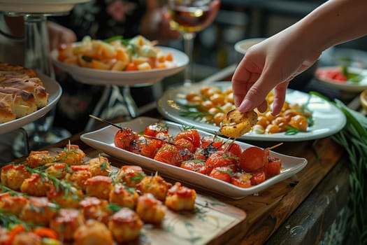 Hand reaching for appetizers on table. Close-up.